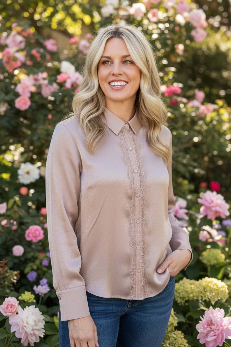 💋Avantlook Satin Lace Blouse in Blush Pink‎ 178
